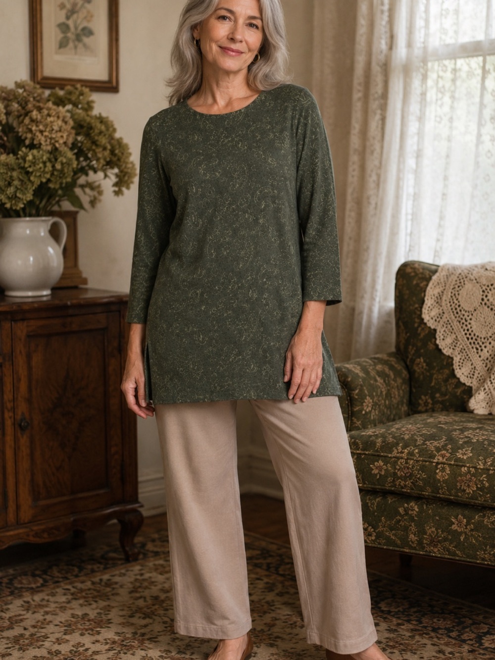 Citiknits Olive Green Paisley Slinky Knit Tunic Top